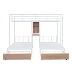 Triple Bunk Bed With Drawers, Multi-Functional Frame With Desks And Shelves In The Middle