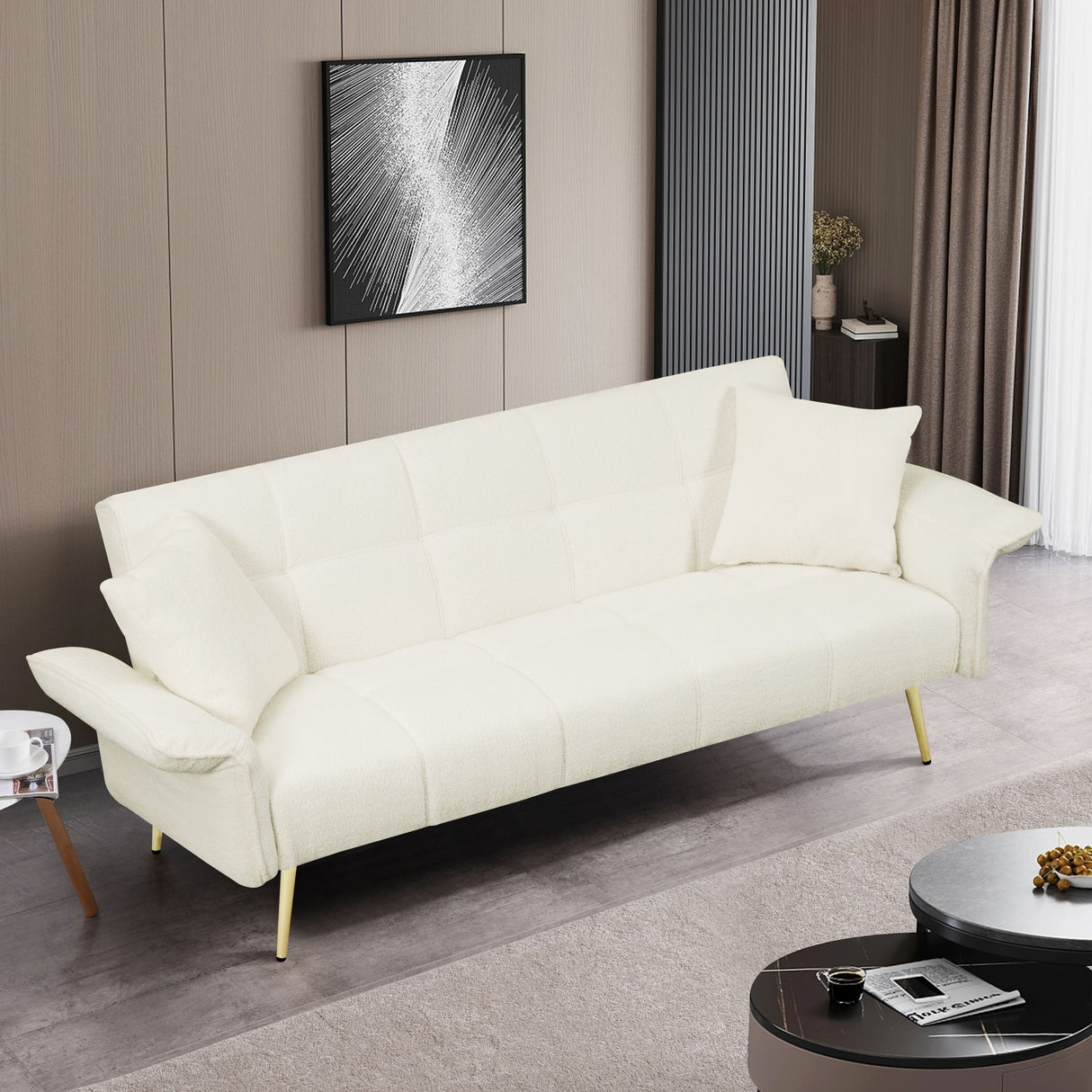 Convertible Double Futon Sofa Bed With Folding Armrests For Living Rooms