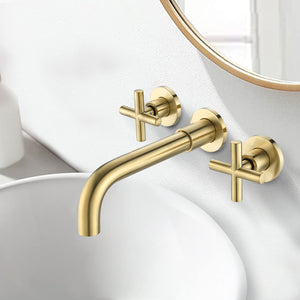 Wall Mounted Dual Handle Bathroom Sink Faucet with Pop-Up Drain (No Overflow)