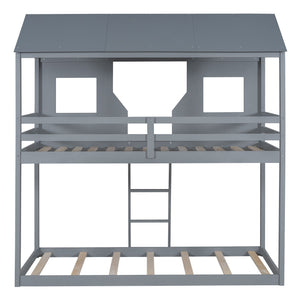Twin Over Twin Bunk Bed With Roof, Window, Guardrail, Ladder