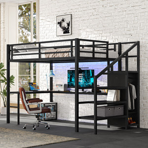 Full Size Loft Bed with L-Shaped Desk and USB