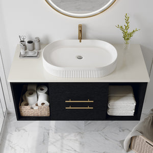 Modern 39.4-In Wall-Mounted Bathroom Vanity with Oval Ceramic Sink