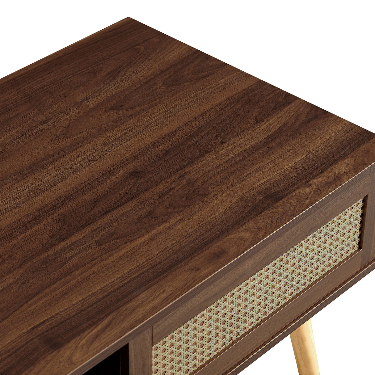 41.34" Rattan Coffee Table, Sliding Door For Storage, Solid Wood Legs, Modern Table For Living Room