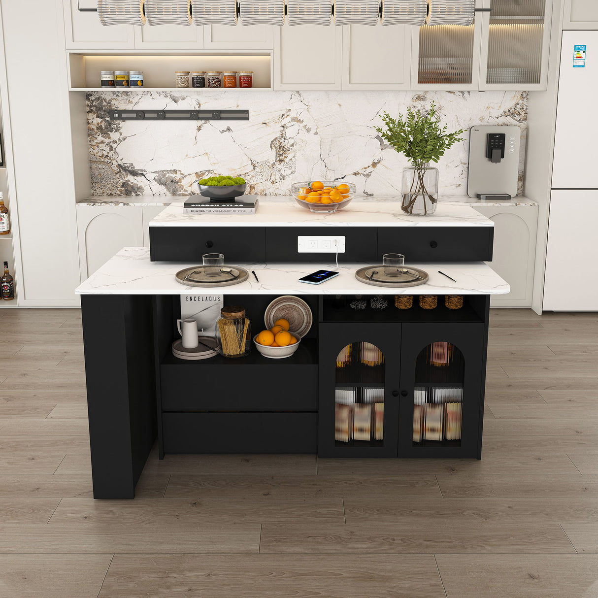 Kitchen Island With Extendable Rotating Table, 4 Drawers & Glass Door Cabinets, Built In Socket - Black