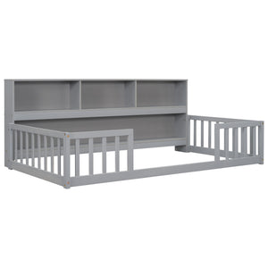 Floor Bed With Bedside Bookcase, Shelves, Guardrails