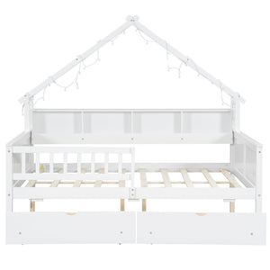 House Style Platform Bed With LED Lights, Storage Shelves, Drawers, And Guardrail
