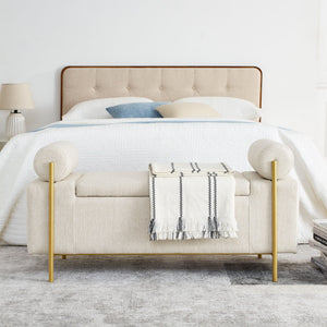 Elegant Upholstered Storage Bench With Cylindrical Arms And Iron Legs,