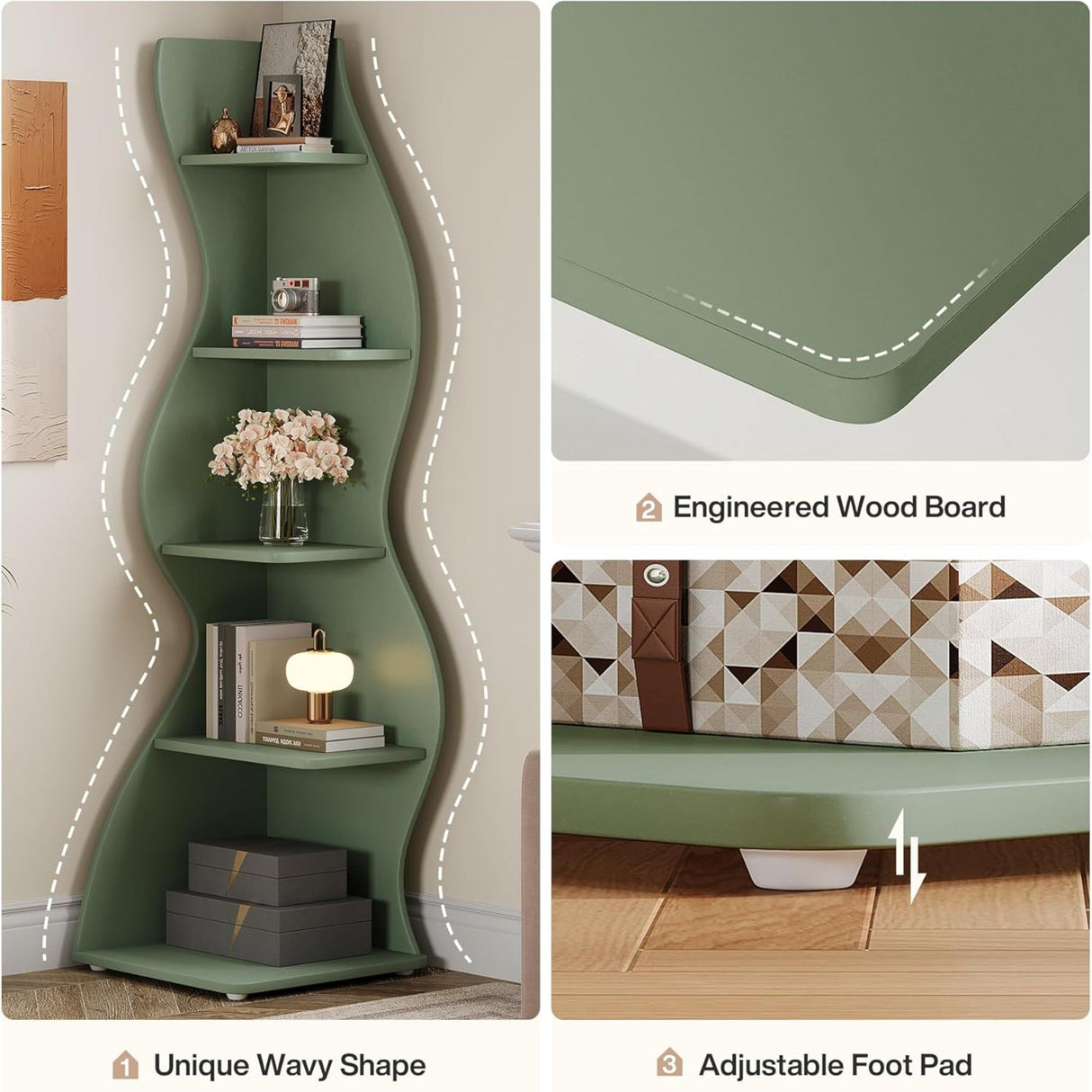 5 Tier Wavy Corner Bookshelf And Plant Stand For Living Room