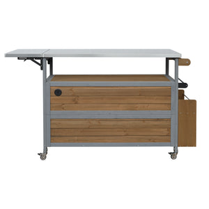 Foldable Outdoor Kitchen Island With Lockable Wheels, Storage Cabinet And Towel Rack For Patio