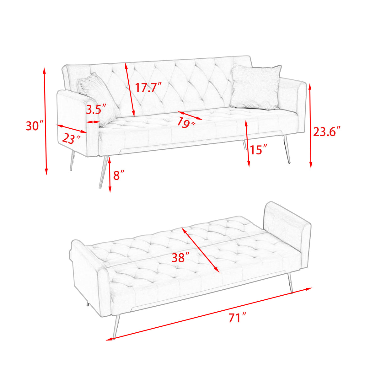 71-inch Foldable Double Sofa with American Retro Style