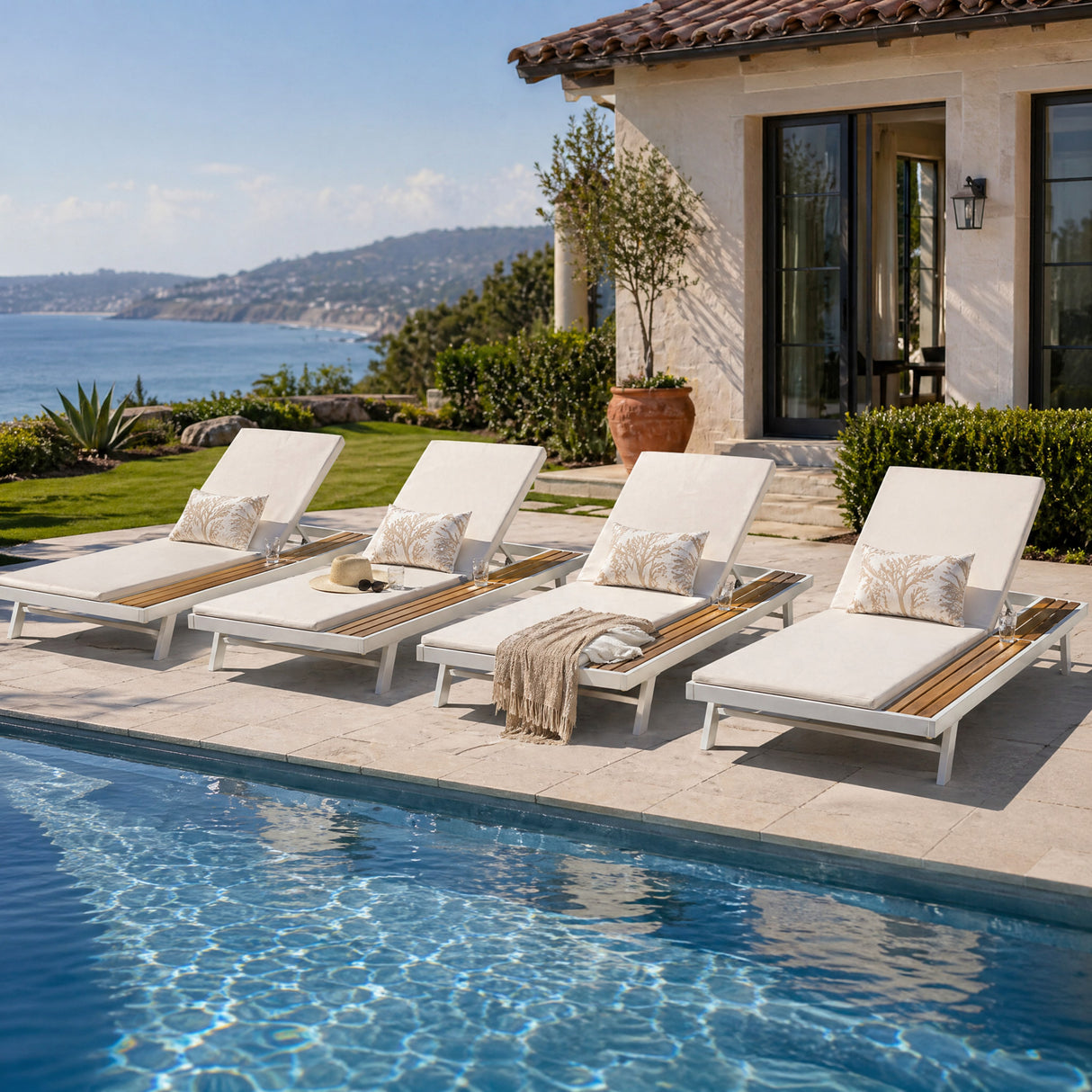White Iron + Teak Finish Outdoor Chaise Lounge Set