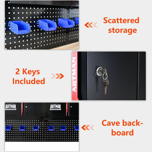 Wall Mounted Double Door Storage Cabinet With Tool Rack And Hooks, Stainless Steel - Black / Red