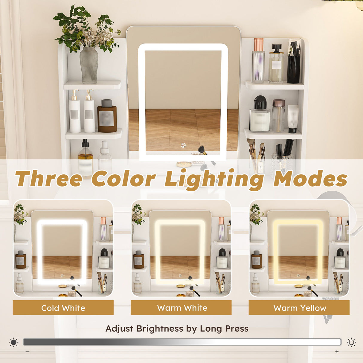 Elegant LED Mirror Vanity Dressing Table With Adjustable Lights, Drawers & Storage - White
