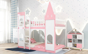 Twin Over Twin Castle Bunk Bed With Ladder - Pink