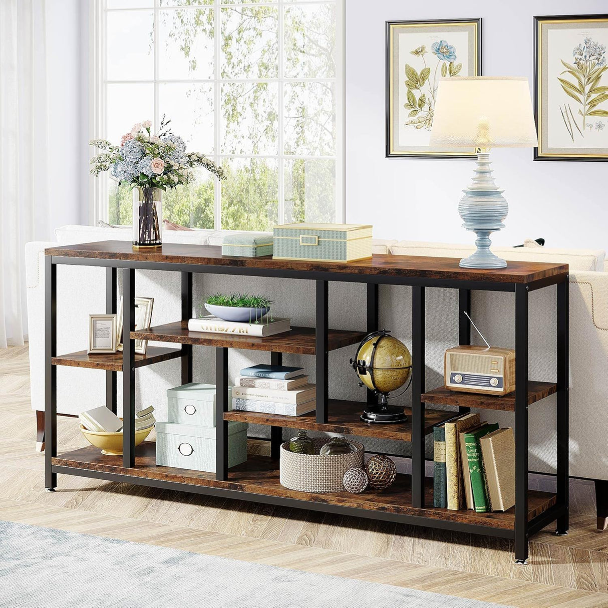 Tribesigns Extra Long Console Table, 3 Tier With Storage Shelves - Rustic Brown