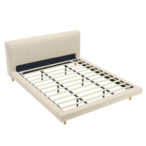 Beige Chunky Headboard Bed Frame with Solid Rubberwood Legs, Cal-King