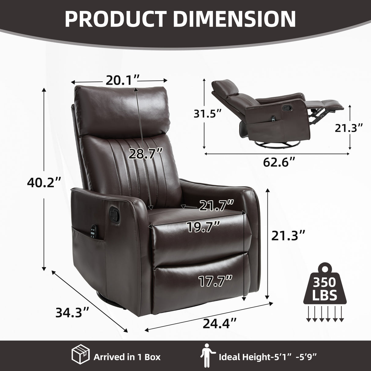 Brown Faux Leather Heat Massage Manual Recliner Chair