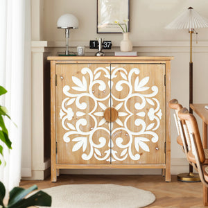 Rustic Wooden Accent Cabinet with Floral Carved Doors