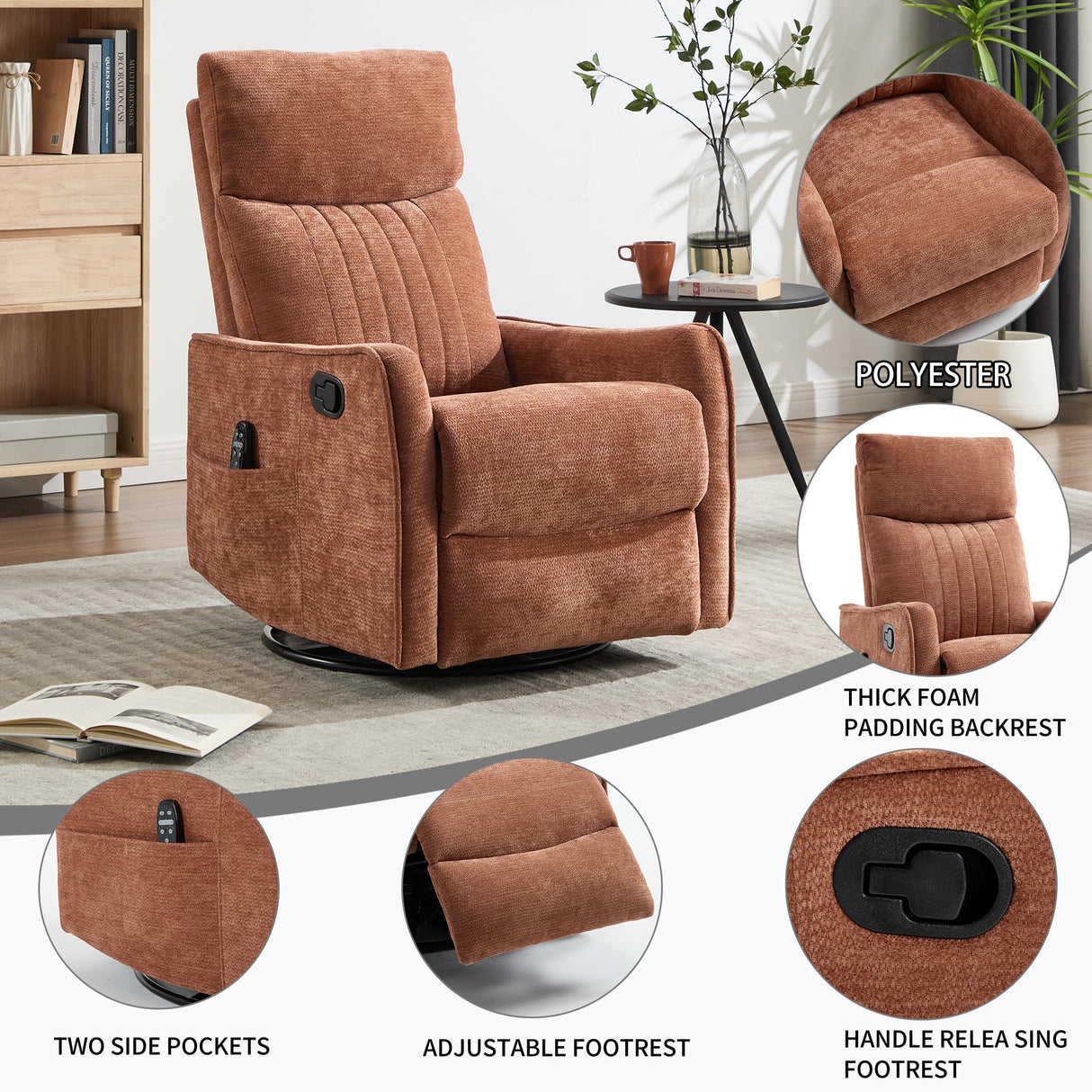 Orange Heat Massage Manual Recliner Chair with Rocker and Swivel