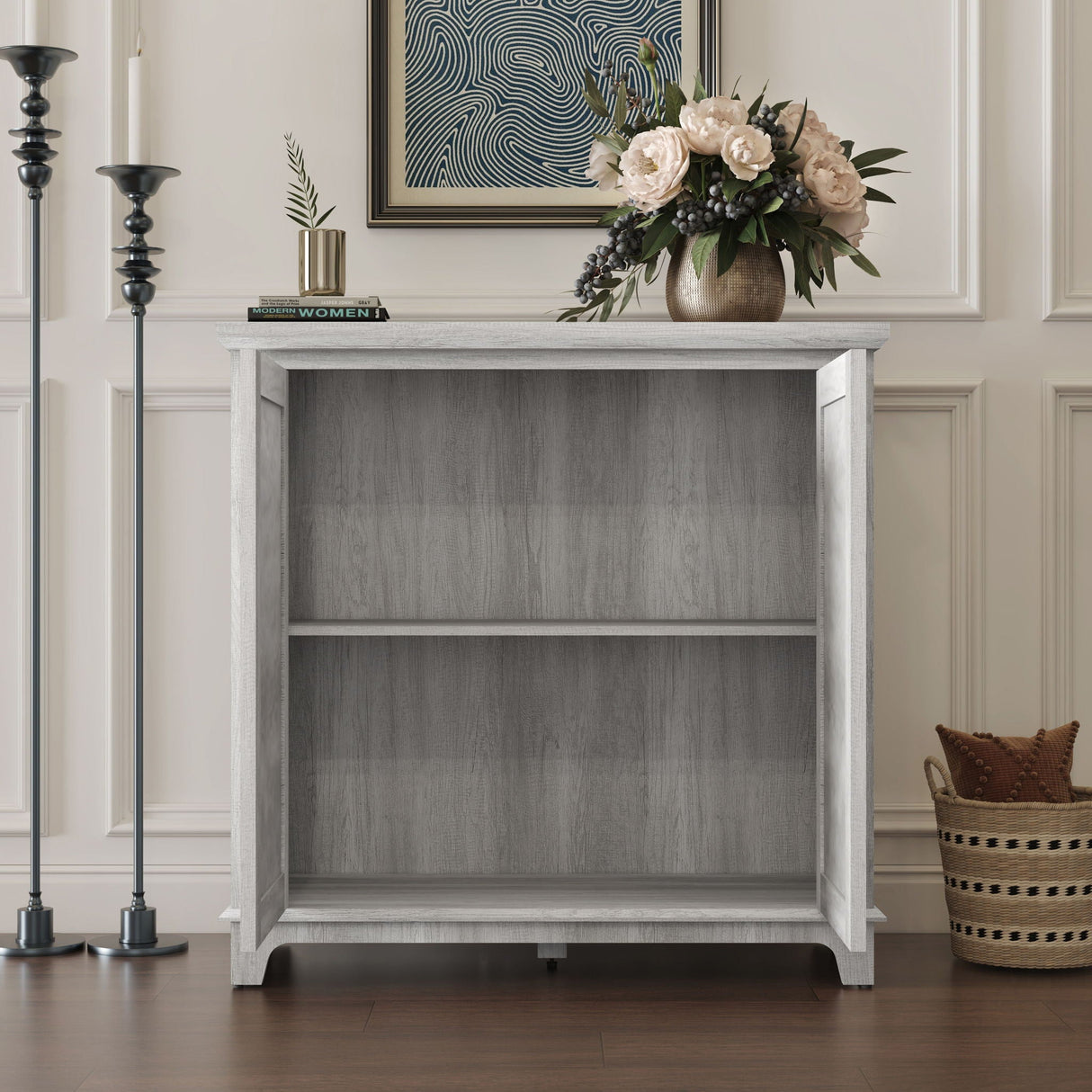 Elegant Sideboard with Two Acrylic Mirrored Doors and Adjustable Shelf Storage