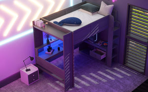 Wood Full Size Gaming Loft Bed with Desk, Multi-storage Shelves, LED and Charging Station