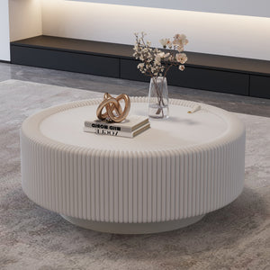 White Round Fluted Coffee Table with Hidden Storage
