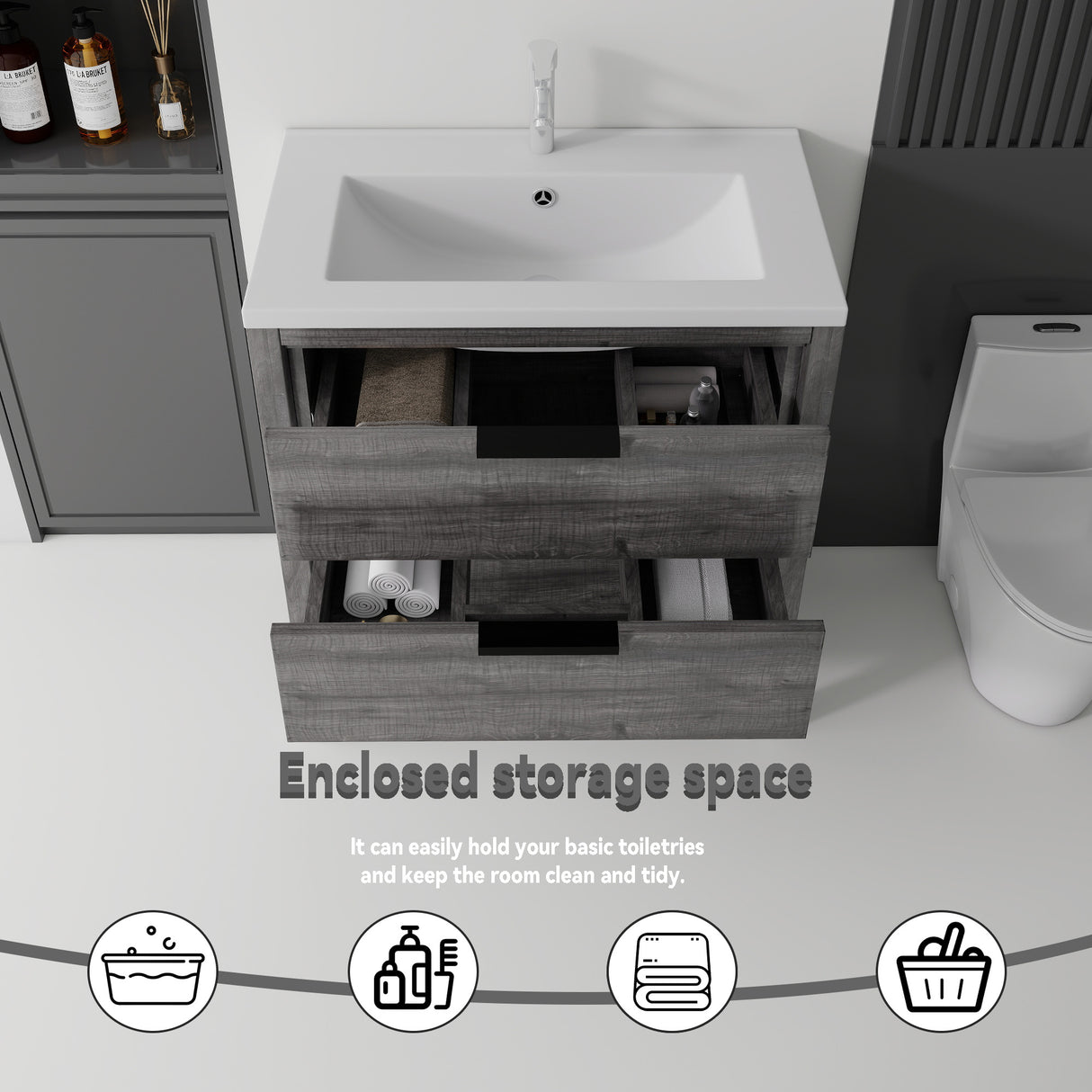 36 Inch Freestanding Bathroom Vanity with Sink, Soft-Close Drawer, Ceramic Sink, Plywood