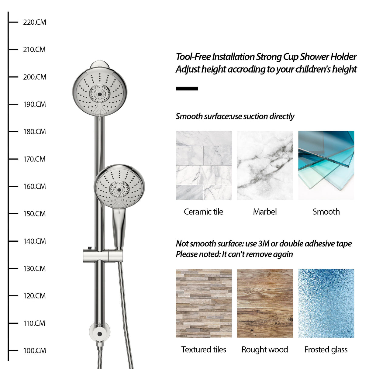 Dual Shower Head With Adjustable Slide Bar And Multi Function Settings