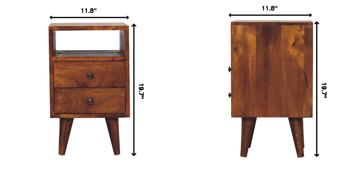 Solid Wood Mini Classic Chestnut Bedside, 2-Drawers, 1 Open Slot, Nordic Legs