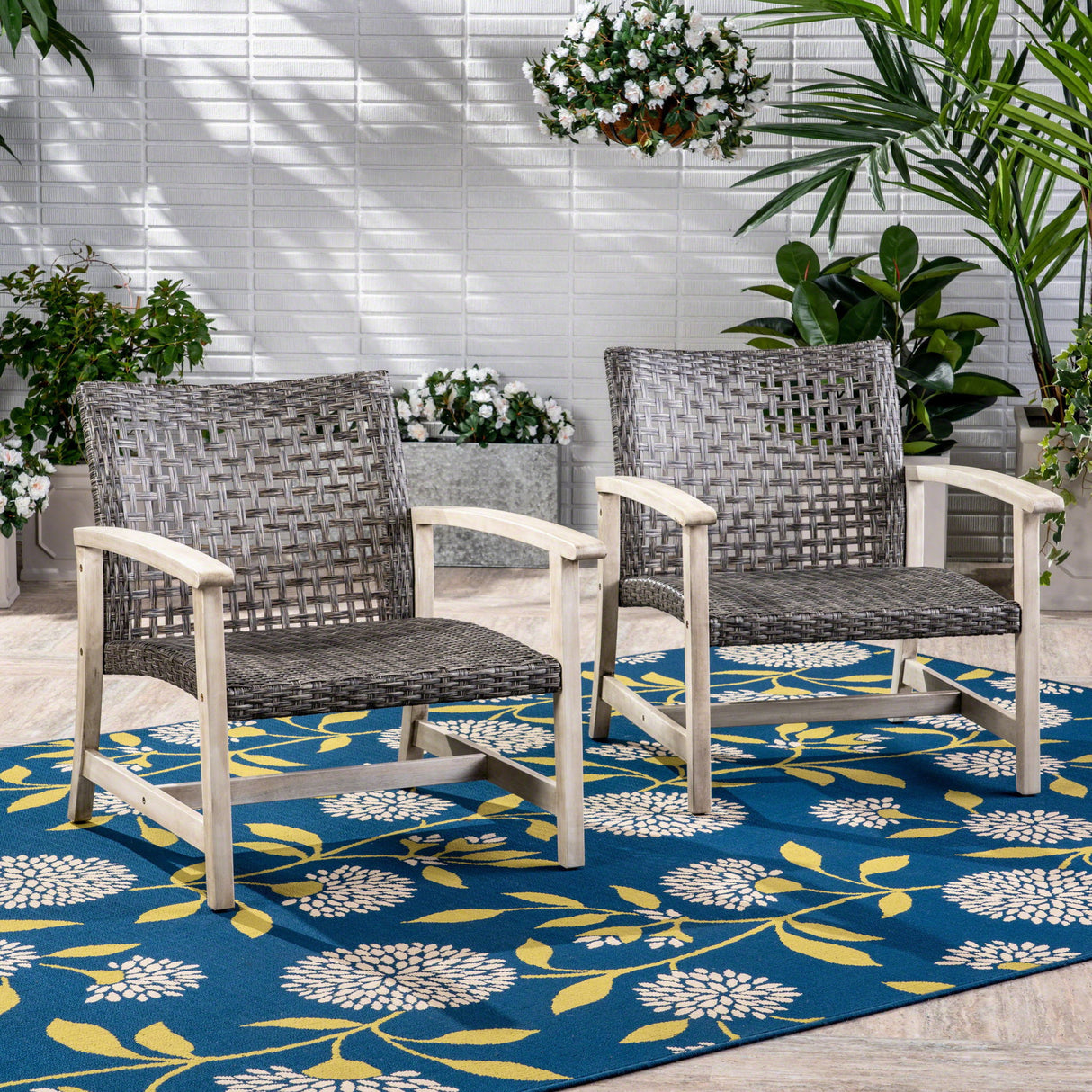 Outdoor Club Chair With Rattan Cover And Acacia Wood Frame - Gray