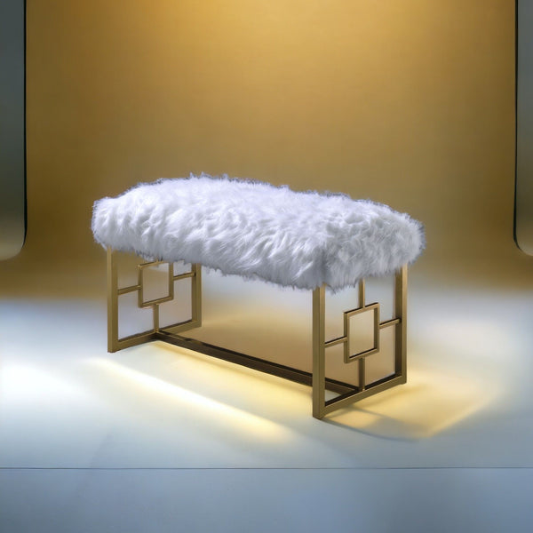 Bagley II - Bench Faux Fur - White / Gold - Best Buy Furniture