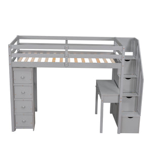 Loft Bed With Storage Drawers, Desk And Stairs With Shelves