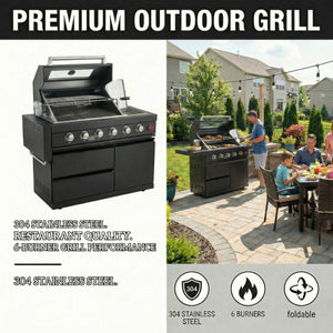 46-Inch 75300 BTU 6-Burners Deluxe Stainless Steel Gas Outdoor Kitchen Barbecue Grill