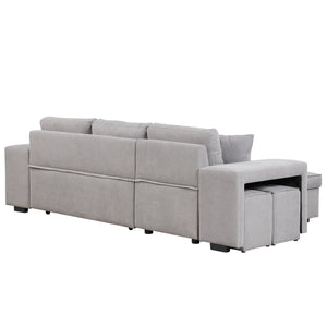 Modern L-Shape 3 Seat Reversible Sectional Couch, Pull Out Sleeper Sofa With Storage Chaise And 2 Stools For Living Room Furniture Set