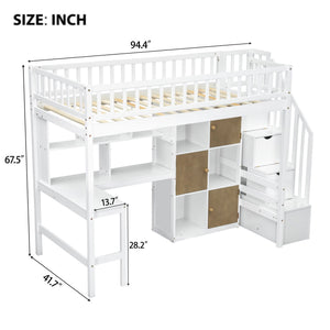 Loft Bed With Built In L Shaped Desk, LED Lights, Storage Shelves, Cabinets, And Staircase