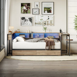 Corner Bed Frame Full Size with Bookcase and Storage Drawers