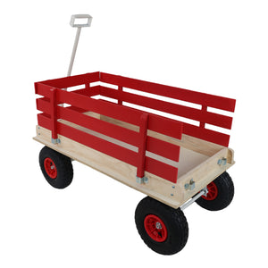 Red Wooden Wagon Cart with Folding Handle