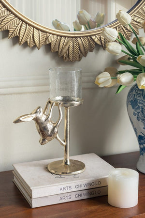 EVERGREEN DECOR Gold Rabbit Pillar Candle Holder with Glass Hurricane Shade