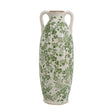 EVERGREEN DECOR White Ceramic Flower Vase with Green Floral Pattern and Handles