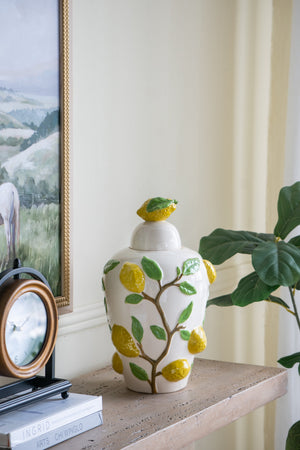 EVERGREEN DECOR White Ceramic Lidded Jar with Playful Lemon Design - view 2
