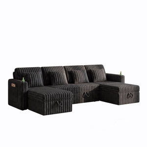 U Shaped Plush Corduroy Fluffy Sectional Sleeper Sofa