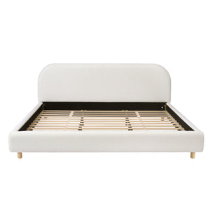 California King Size Upholstered Bed with Boucle Fabric and Curved Headboard