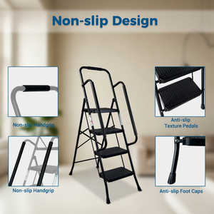 4 Step Folding Steel Ladder with Anti-Slip Pedals and Handrail
