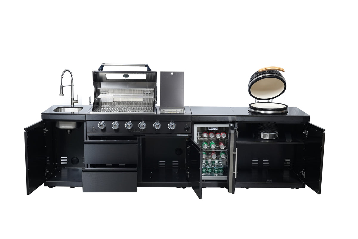 Black 118-Inch Outdoor Kitchen BBQ Island with Kamado and Stainless Steel Construction