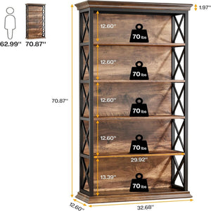 6 Tier Industrial Brown Bookshelf With X Pattern Design - Rustic Brown