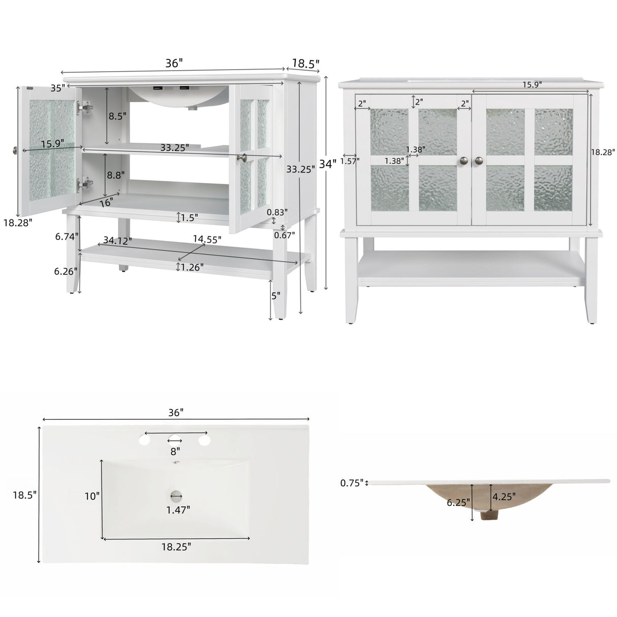 Bathroom Vanity With Ceramic Sink, Adjustable & Open Shelf