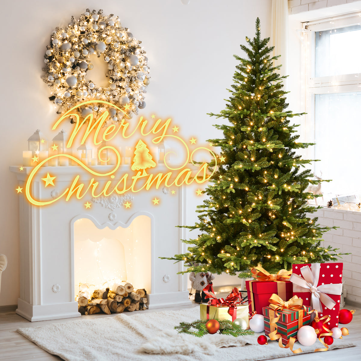 6-Foot Hinged PE & PVC Artificial Christmas Tree, 1608 Tips, 350 Warm White LED Lights
