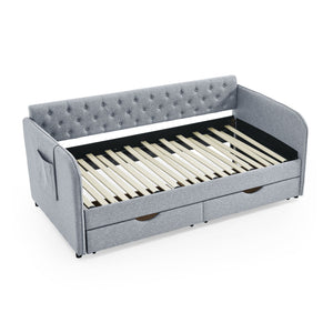 Daybed With Trundle And Storage Drawers, Flat Arms With Pocket