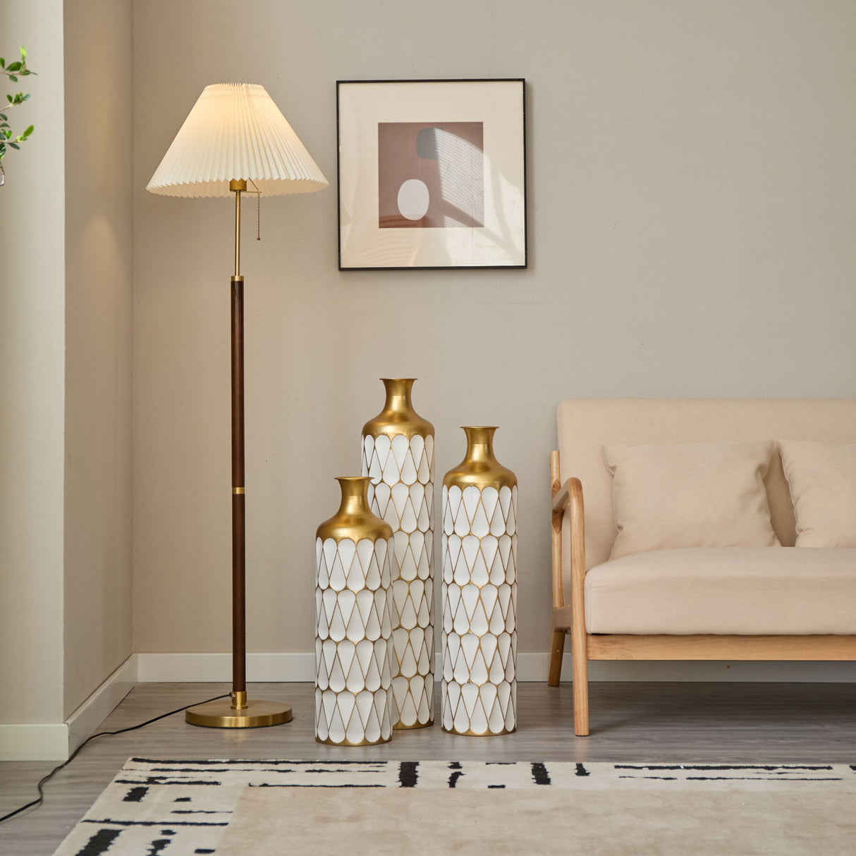Floor Metal Vase Modern Style Decoration Home Droplet Shaped Metal Vase 3 Piece Set Gorgeous Home Decoration Large Glazed Metal Vase - Gold / White