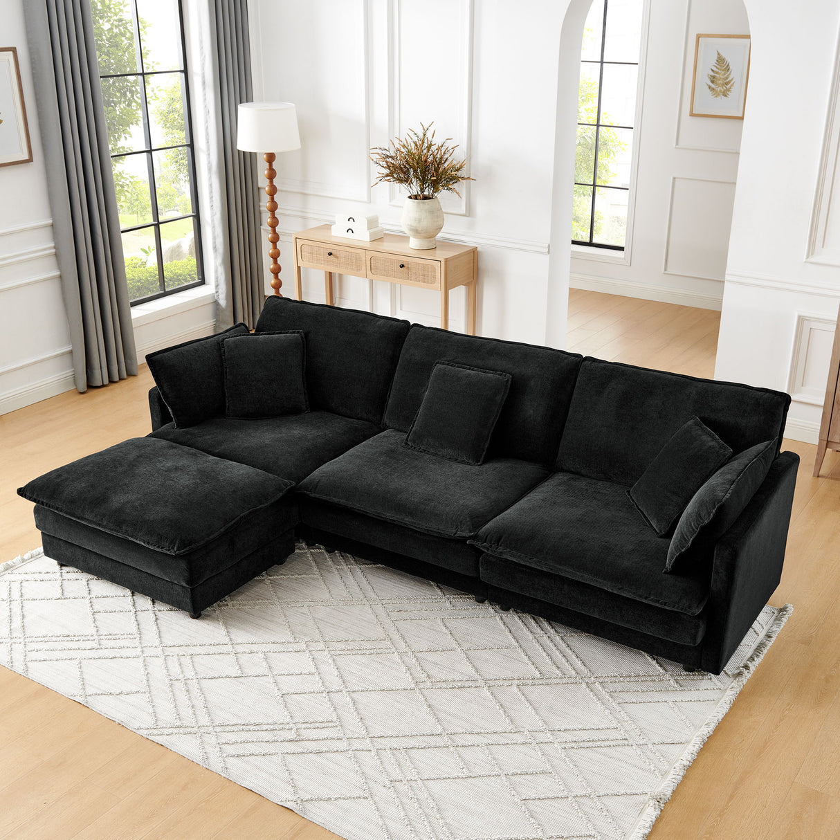 L-Shaped Sectional Sofa With Ottoman, Convertible 4 Seater Couch